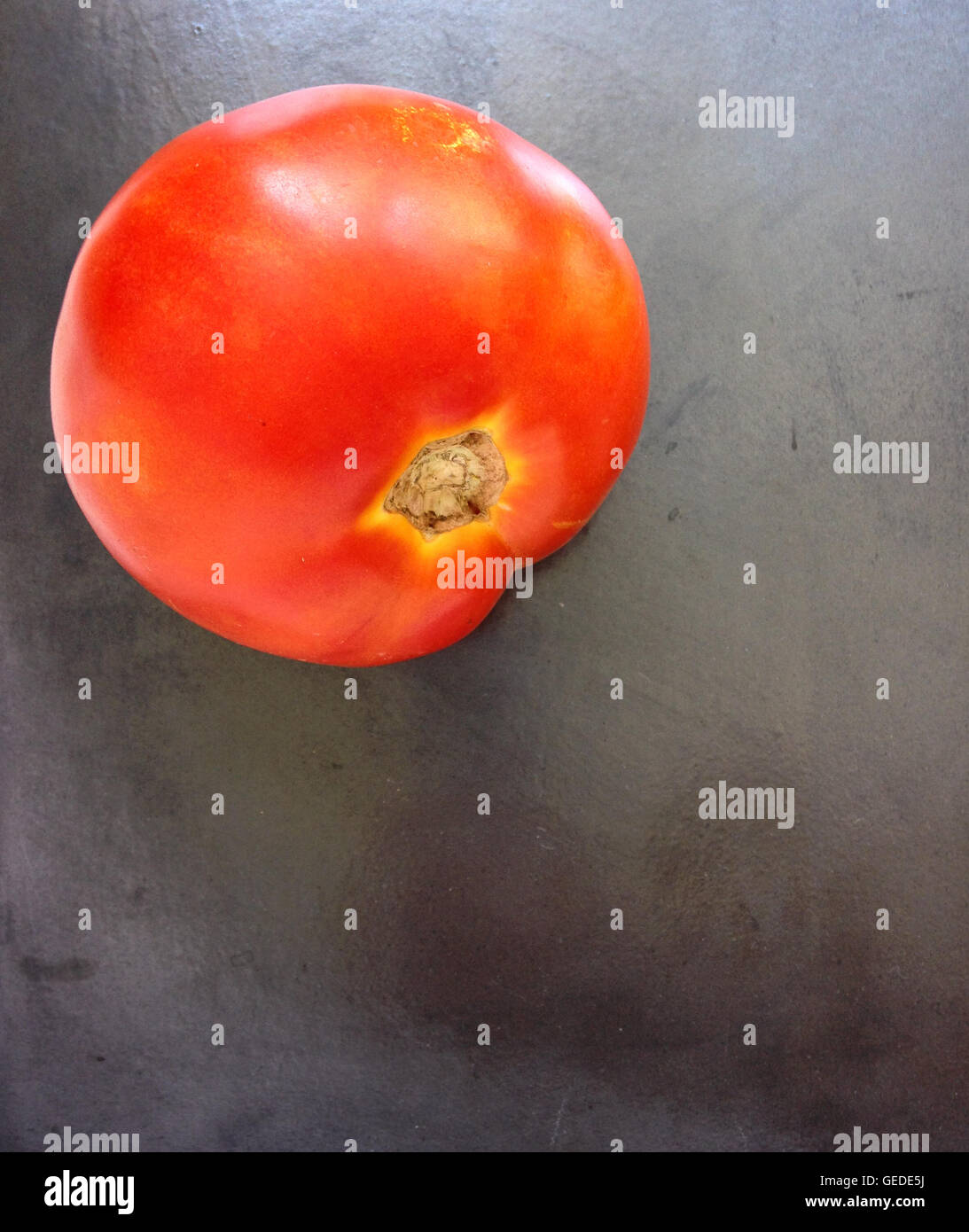 Red tomato on gray textured background Stock Photo