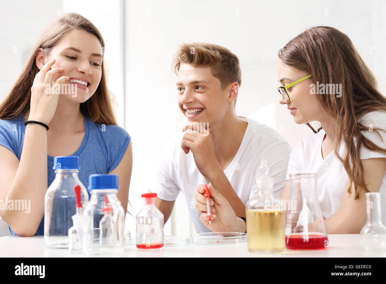School lesson in chemistry lab. Stock Photo