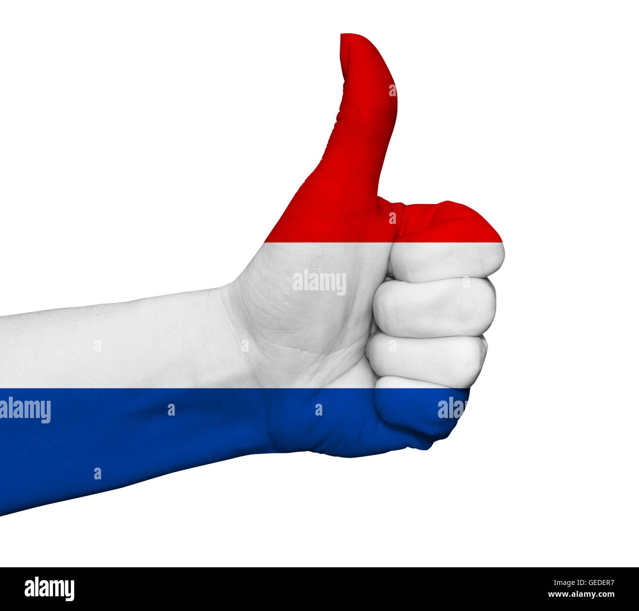 Hand with thumb up painted in colors of Netherlands flag isolate Stock Photo