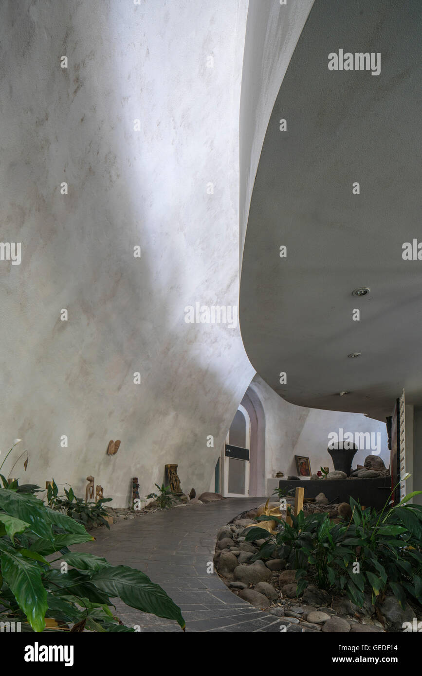 Concrete interior, dome, white walls, path, plants, balcony. Eco Dome ...