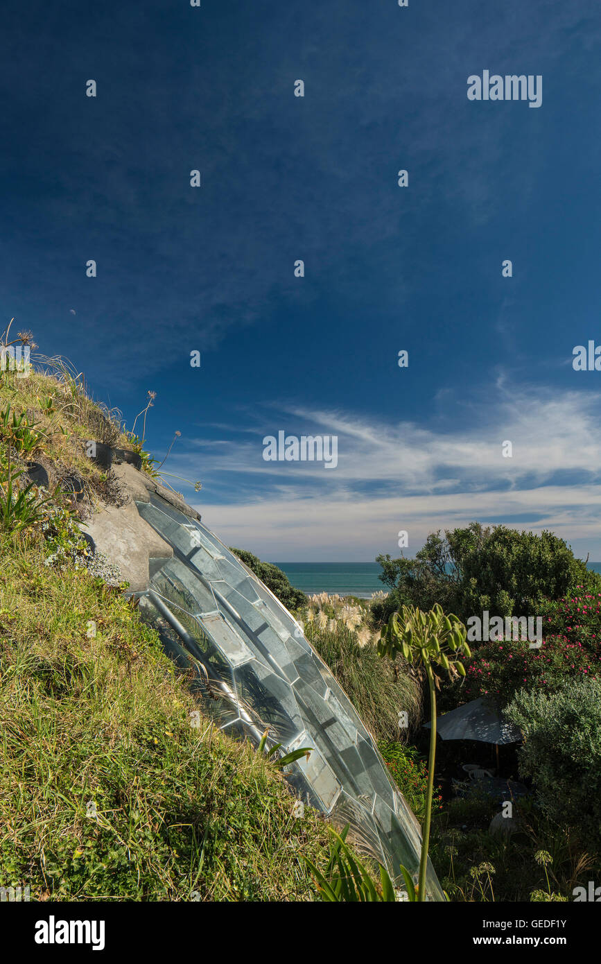 Exterior dome window. Eco Dome, Peka Peka, New Zealand. Architect