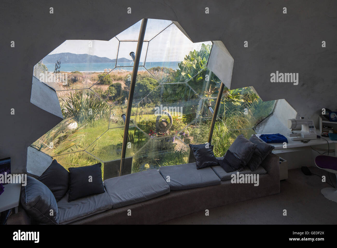 View out of bedroom window to Kapiti Island. Eco Dome, Peka Peka, New