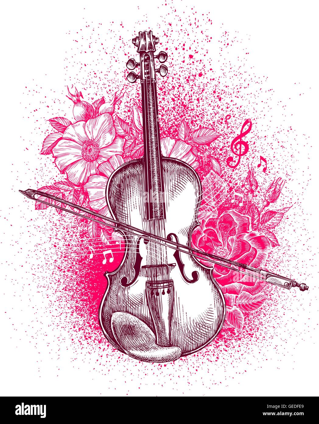 Hand drawn classical violin and bow. Musical instrument. Vector illustration Stock Vector