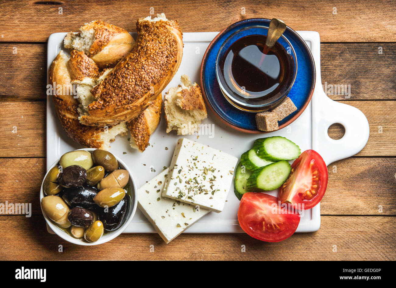 Turkish traditional breakfast with feta cheese, vegetables, olives