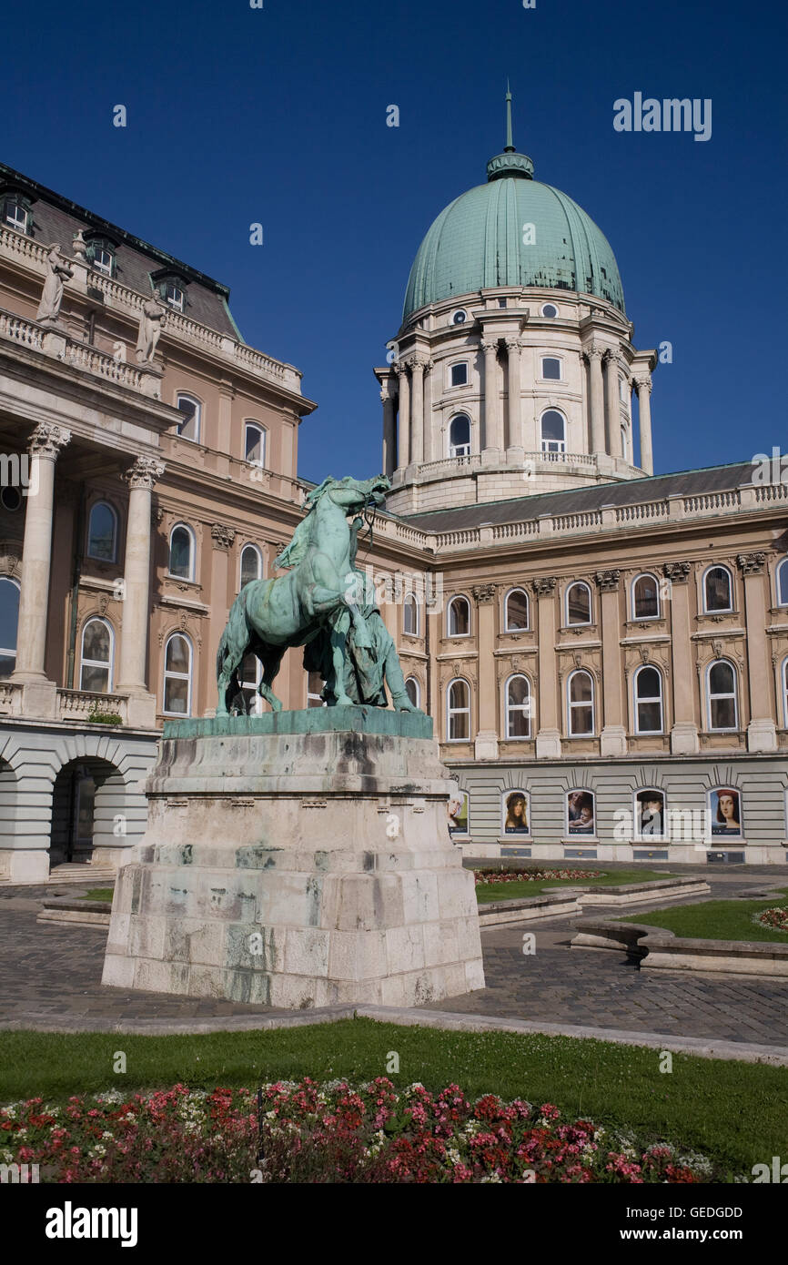 Royal Palace on Castle hill with Hungarian cowboy statue and Hungarian National gallery Stock Photo