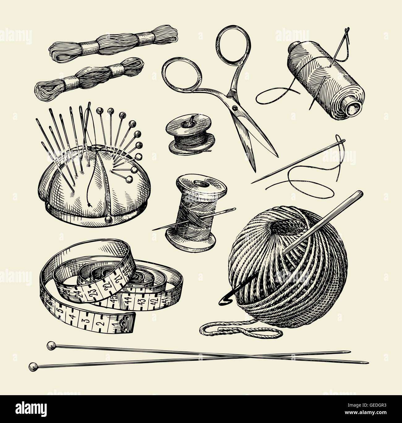 Sewing notions. Hand drawn thread, needle, scissors, yarn, knitting needles,  crochet. Vector illustration Stock Vector Image & Art - Alamy