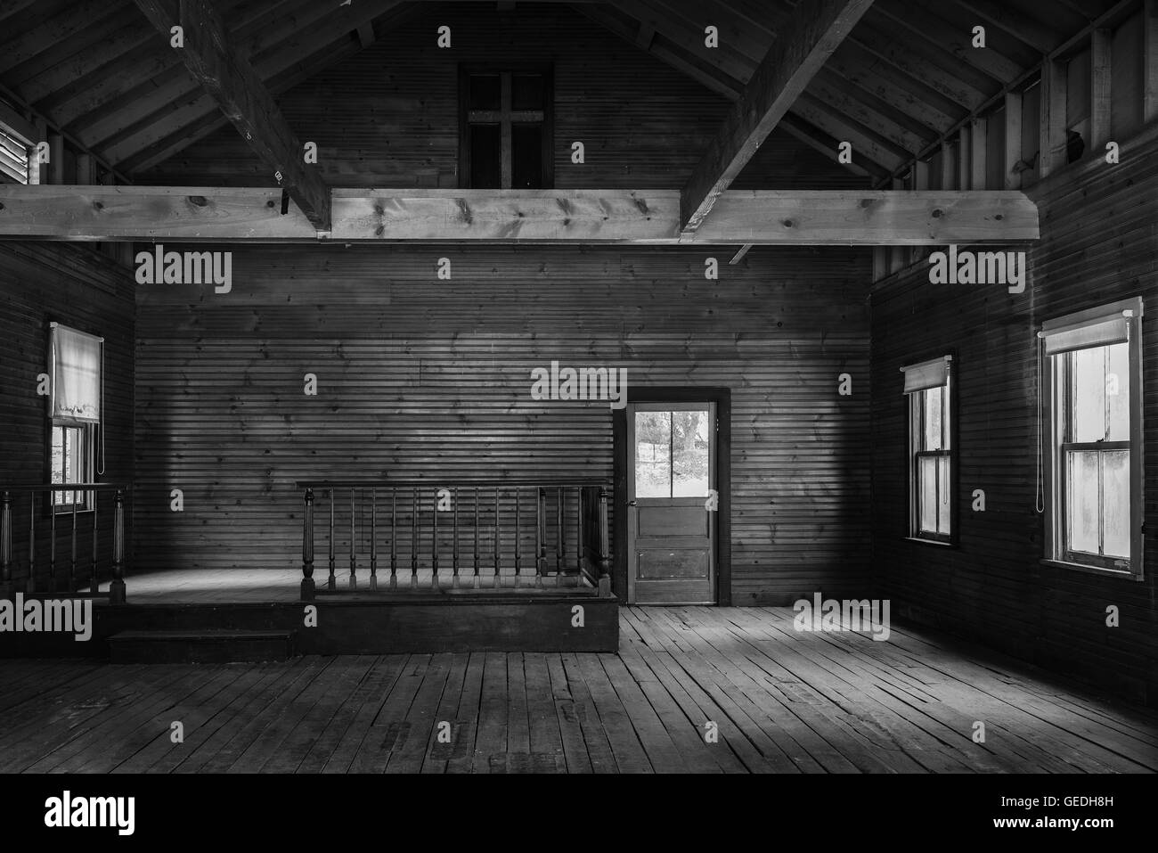 Rustic One Room Wood Plank Church Interior Black White Stock