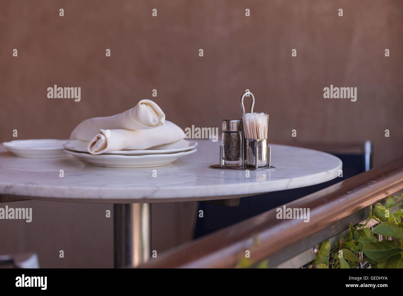 A place setting at an outdoor cafe restaurant in Southern California, United States. Stock Photo