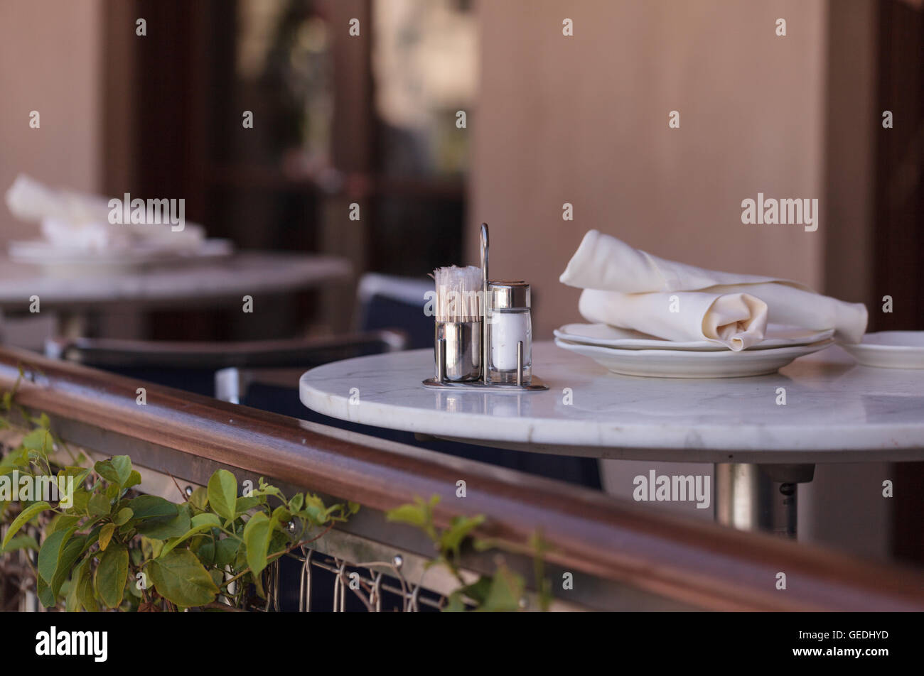 A place setting at an outdoor cafe restaurant in Southern California, United States. Stock Photo