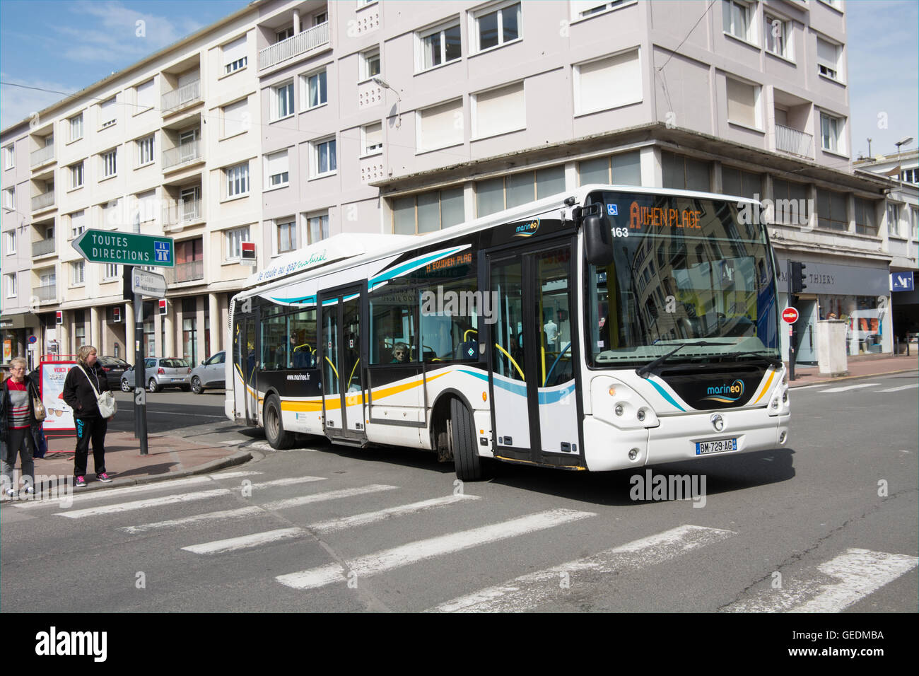 An Irisbus compressed natural gas (CNG) powered bus operated by Marineo part of the RATP group passes through central Boulogne Stock Photo