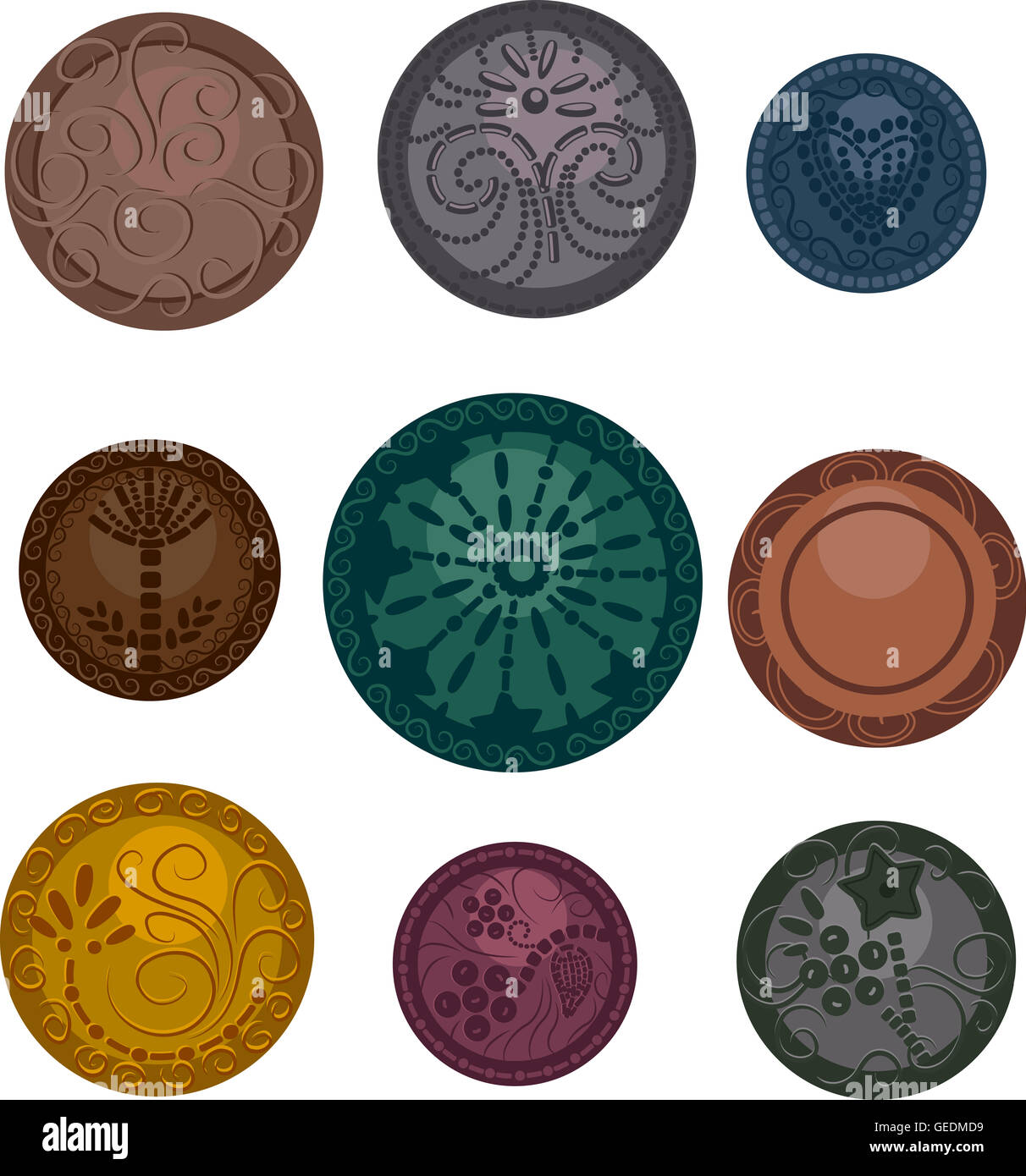 Illustration Featuring Metallic Buttons with Elaborate Designs Stock Photo