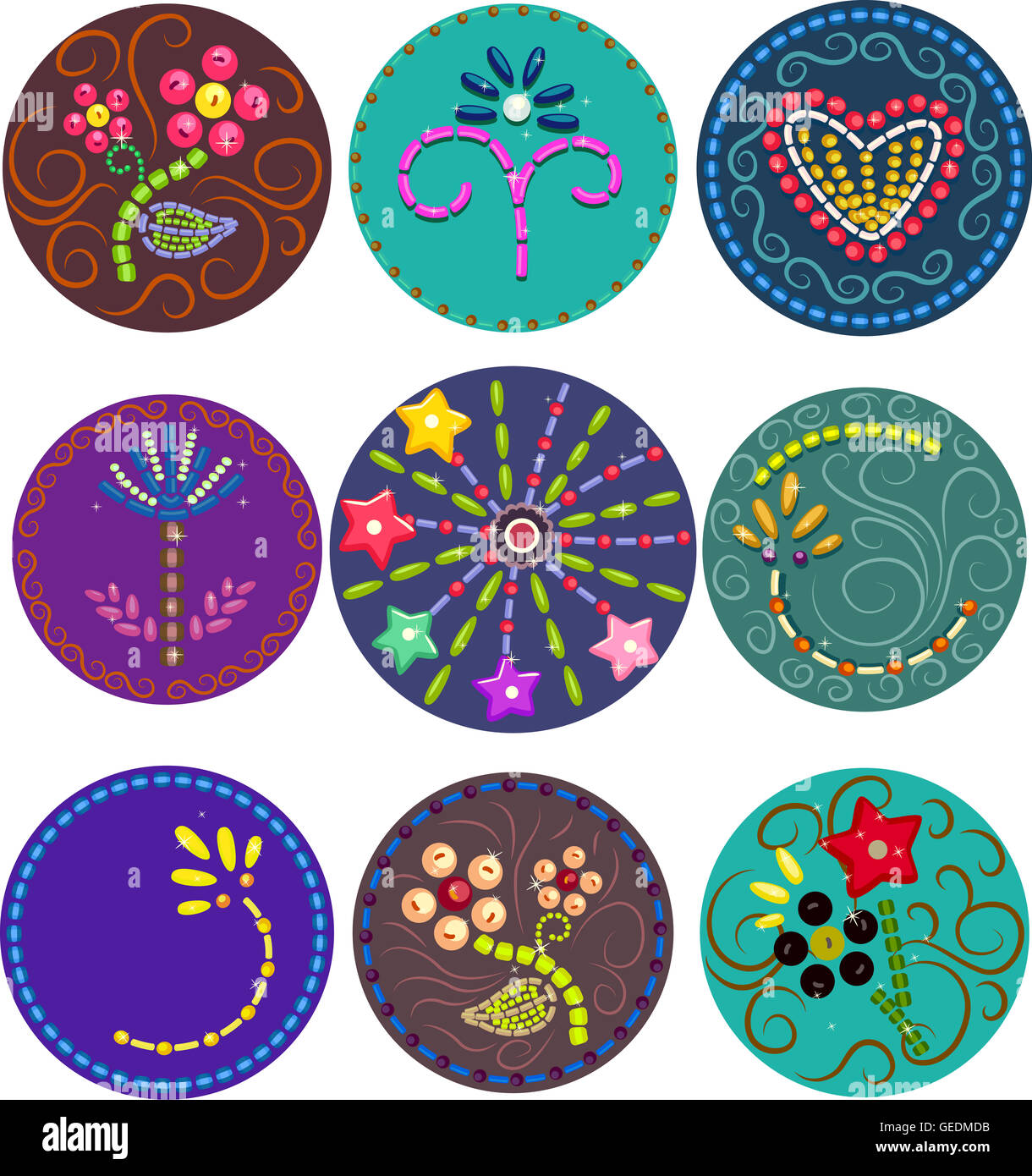Illustration Featuring Colorful Buttons Adorned with Beads Stock Photo