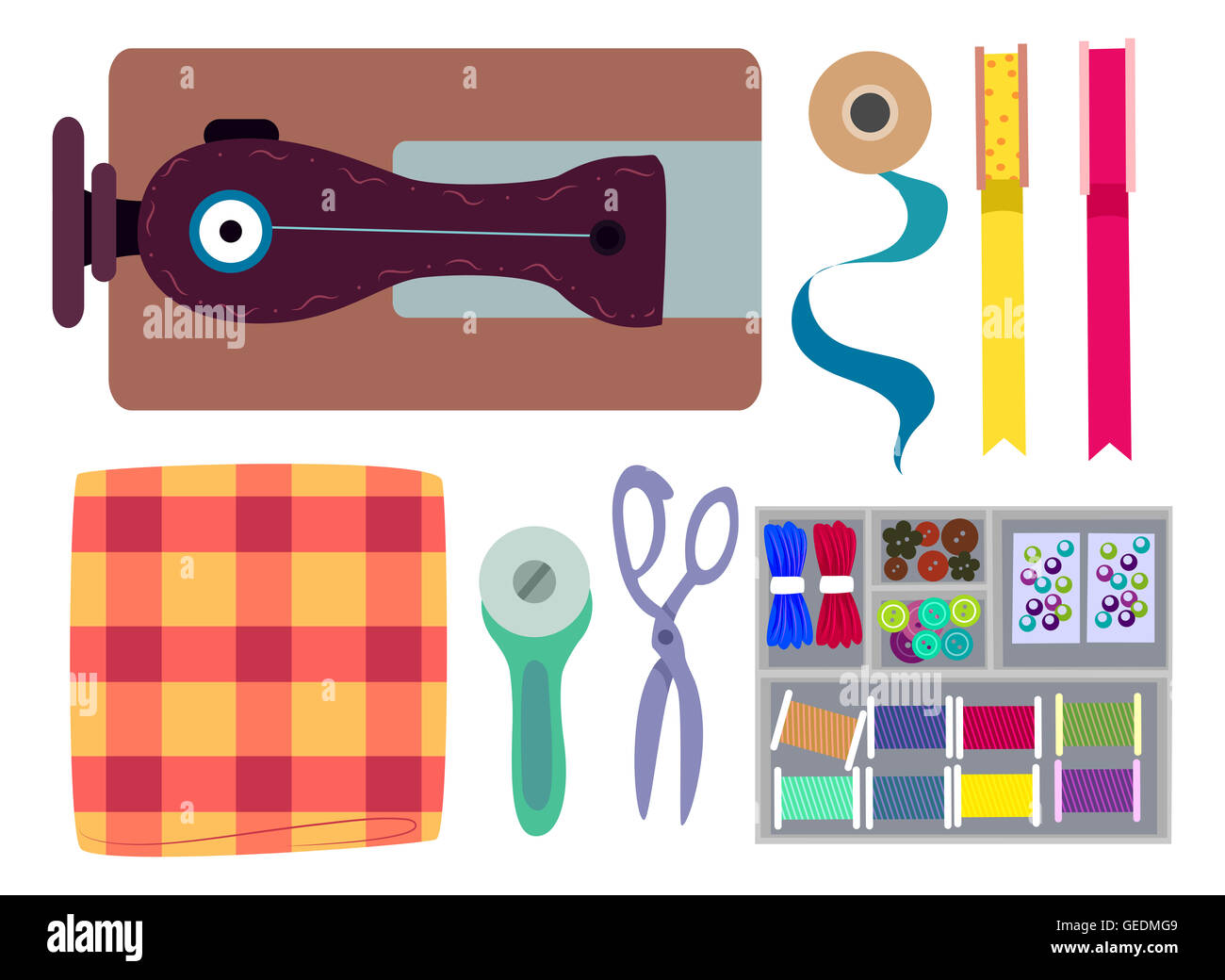 Top View Illustration of Sewing Elements Stock Photo