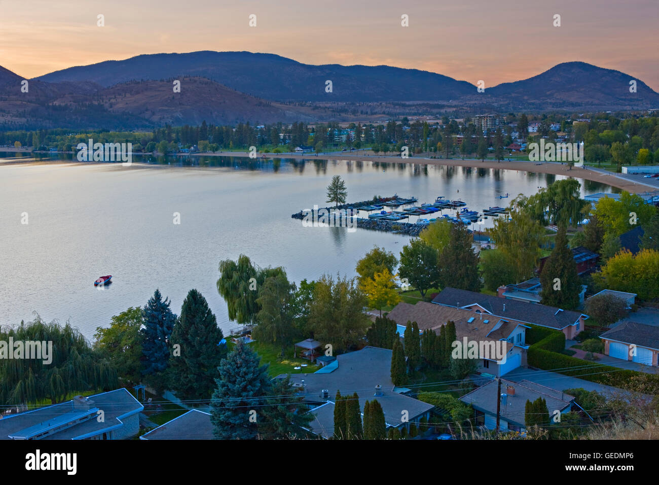 geography / travel, Canada, British Columbia, Penticton, Skaha Park and Marina at sunset, Skaha Lake, Penticton, Okanagan Similkameen Region, Okanagan, British Columbia, Stock Photo