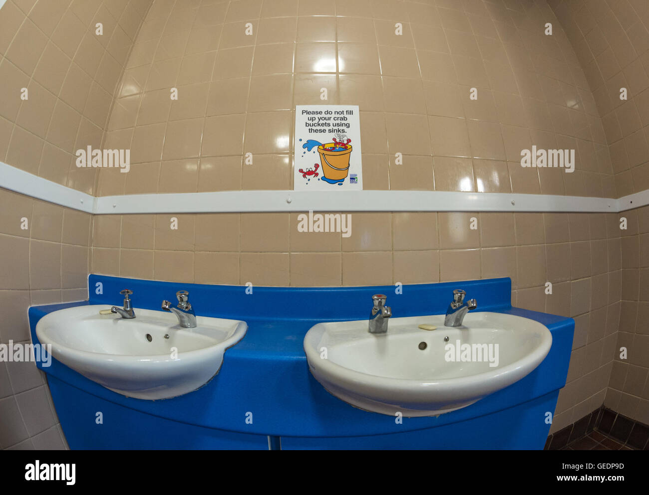 Comical sign in a male wash room not to fill your crab buckets from these sinks. Stock Photo