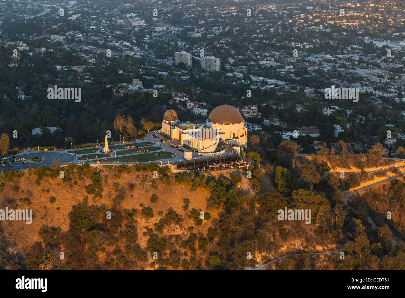 Last afternoon light on the CIty of Los Angeles's Griffith Park Observatory. Stock Photo