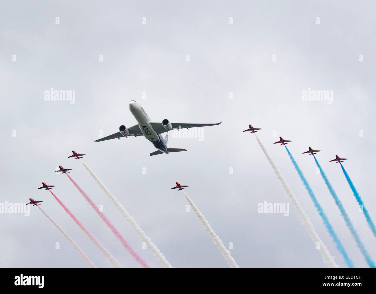 The Airbus A350 jet airliner flying at the 2016 Farnborough International Airshow Stock Photo