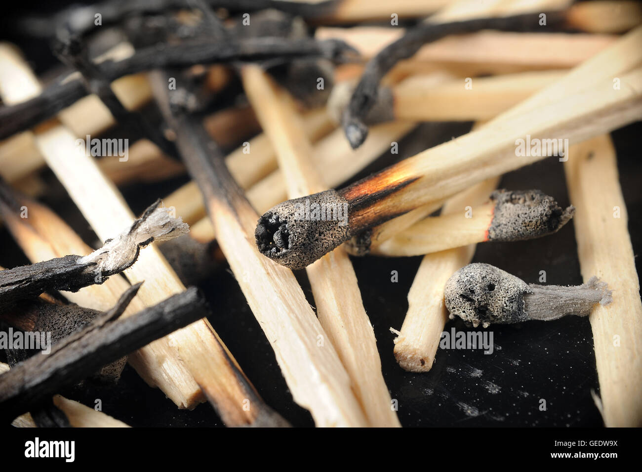 closeup heap of burned wooden matches Stock Photo