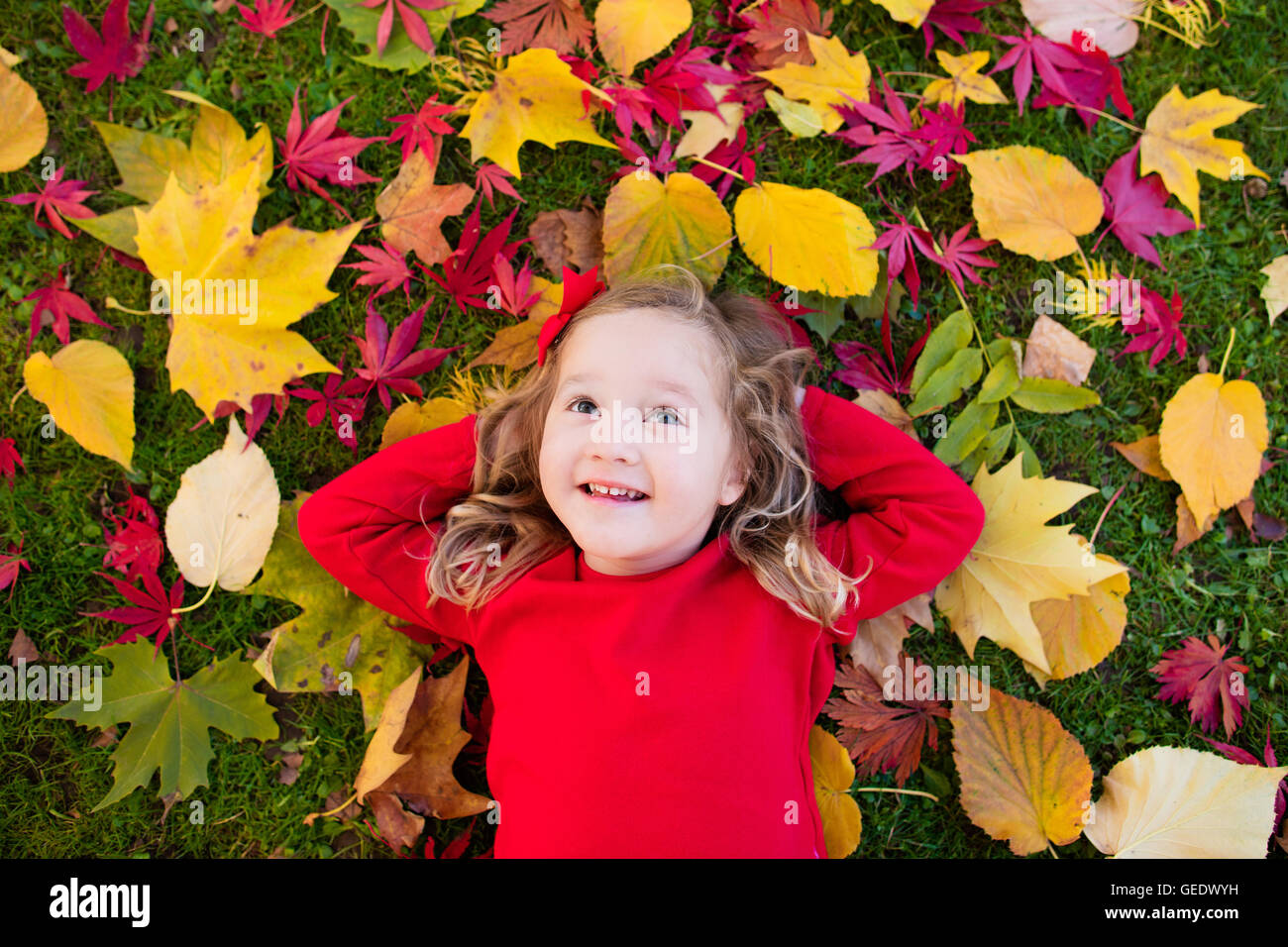 Happy little girl playing in beautiful autumn park on warm sunny fall ...