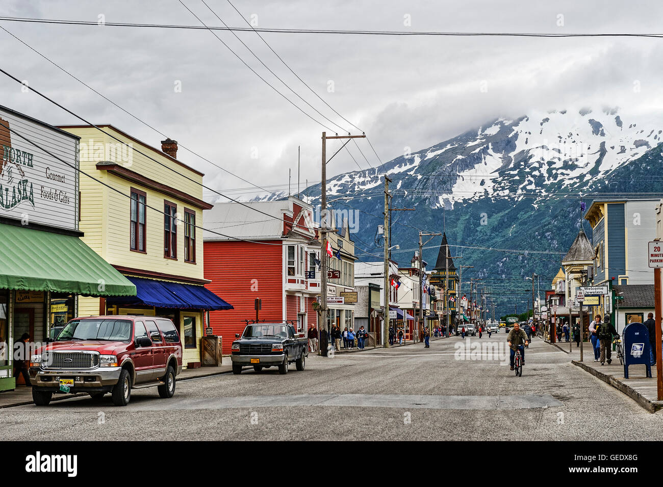Main street shops, Skagway, Alaska, USA. Stock Photo