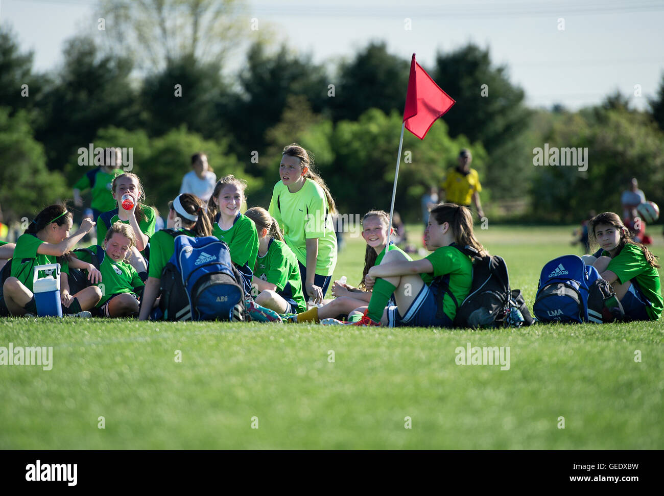 Youth girls soccer game. Stock Photo