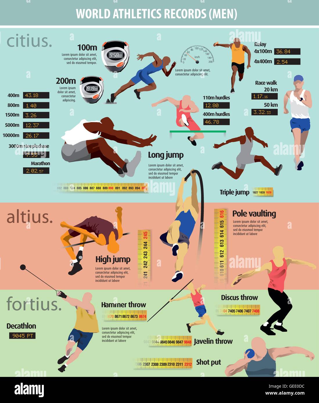 vector infographic with the world record male athletics. Stock Vector