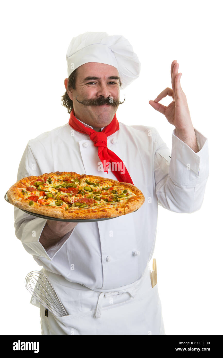 Smiling Italian chef with a pizza in hand Stock Photo