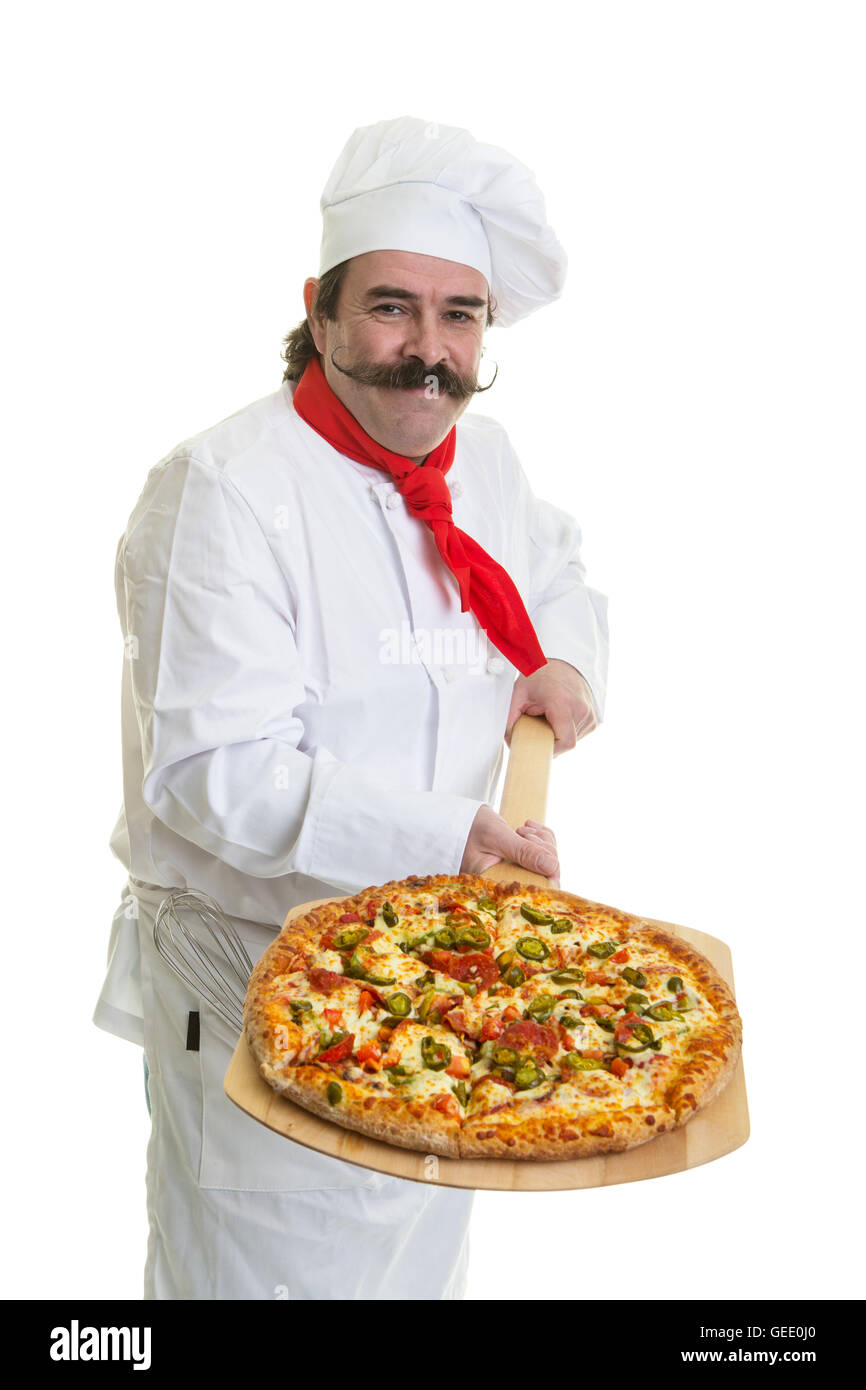 Chef with handlebar mustache holding a pizza on a peel Stock Photo