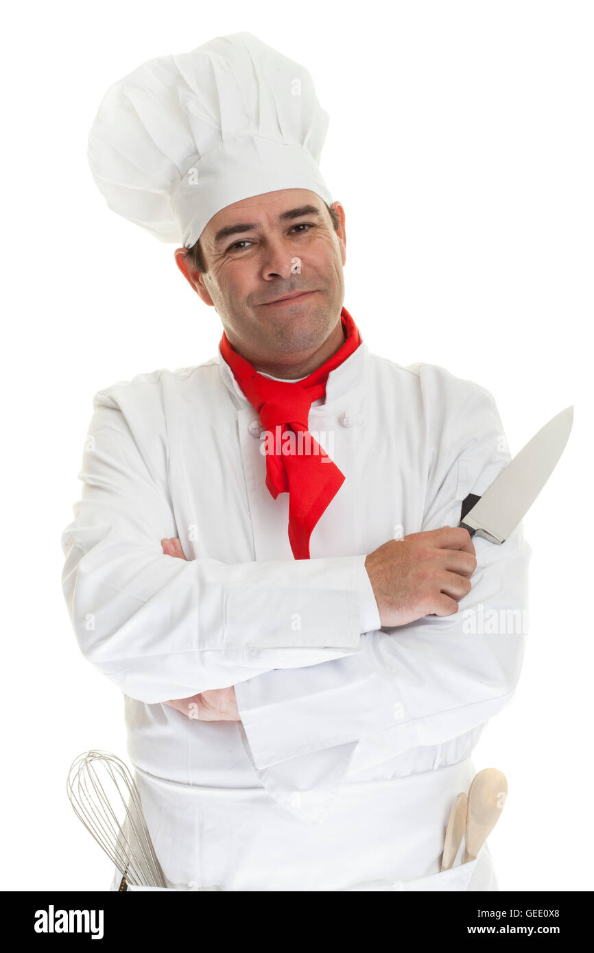 Portrait of a happy top chef smiling on a white background. Stock Photo