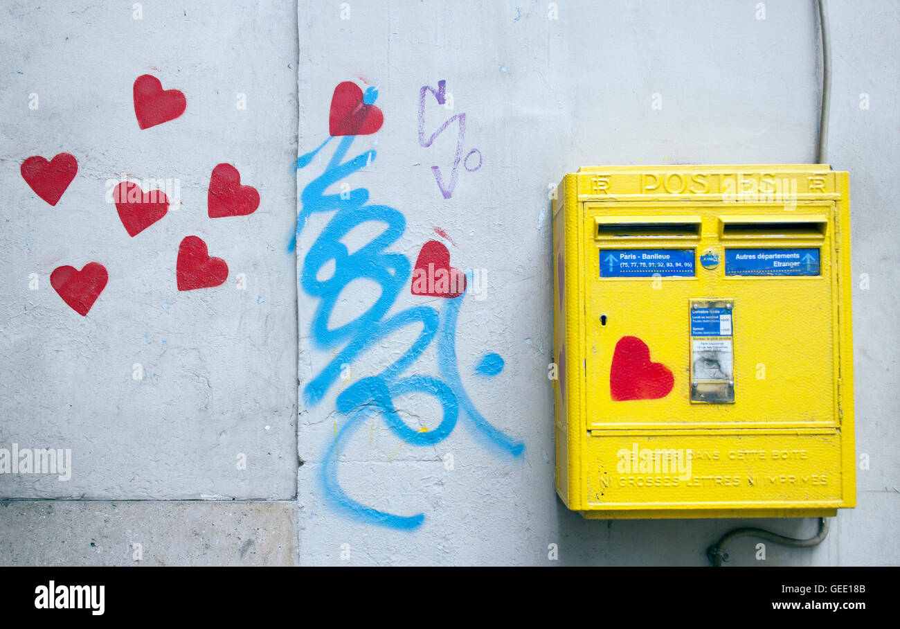 Mailbox and love hearts on a wall in Paris France Stock Photo
