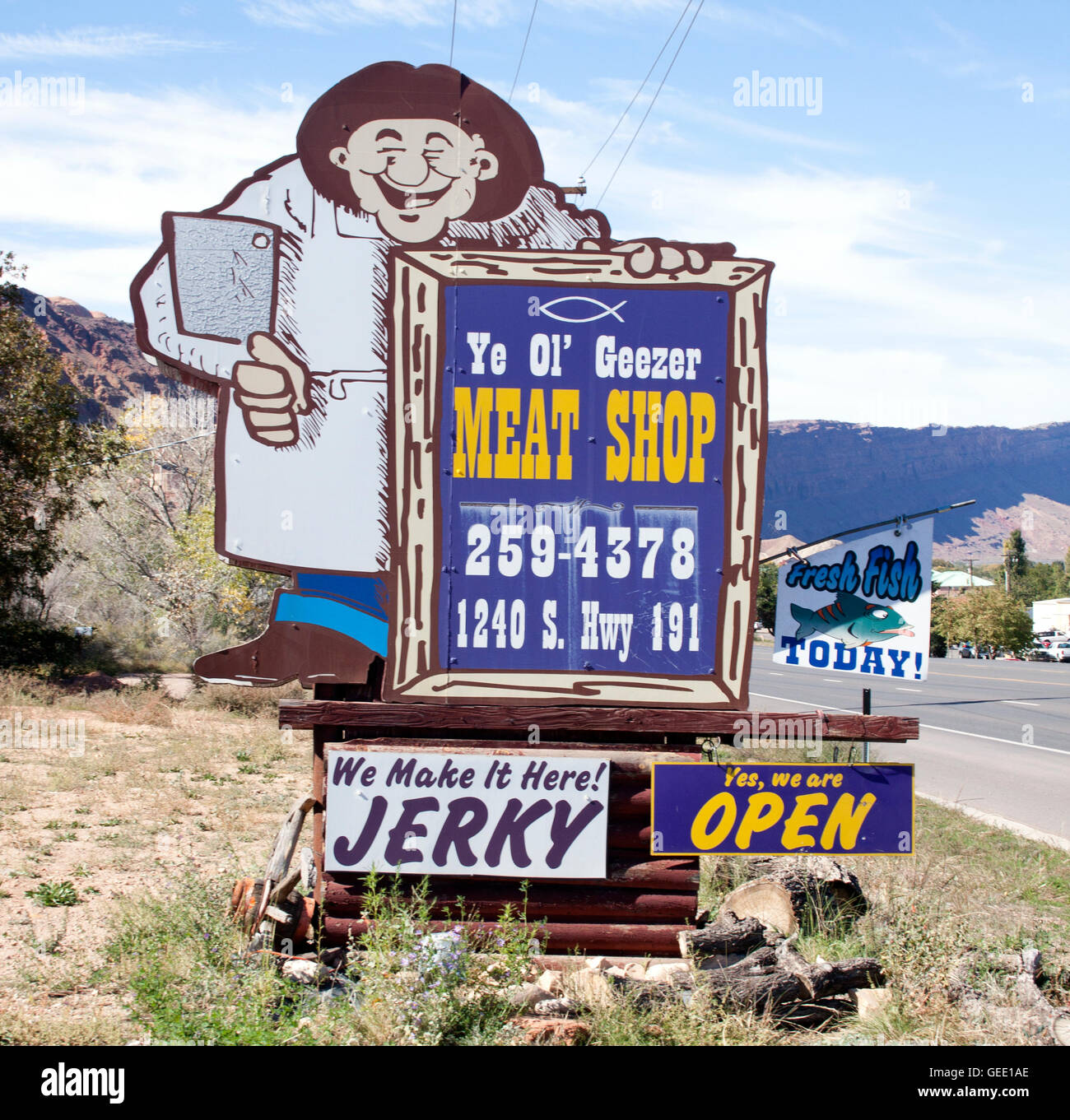 Ole Geezer butcher shop sign in Moab Utah Stock Photo