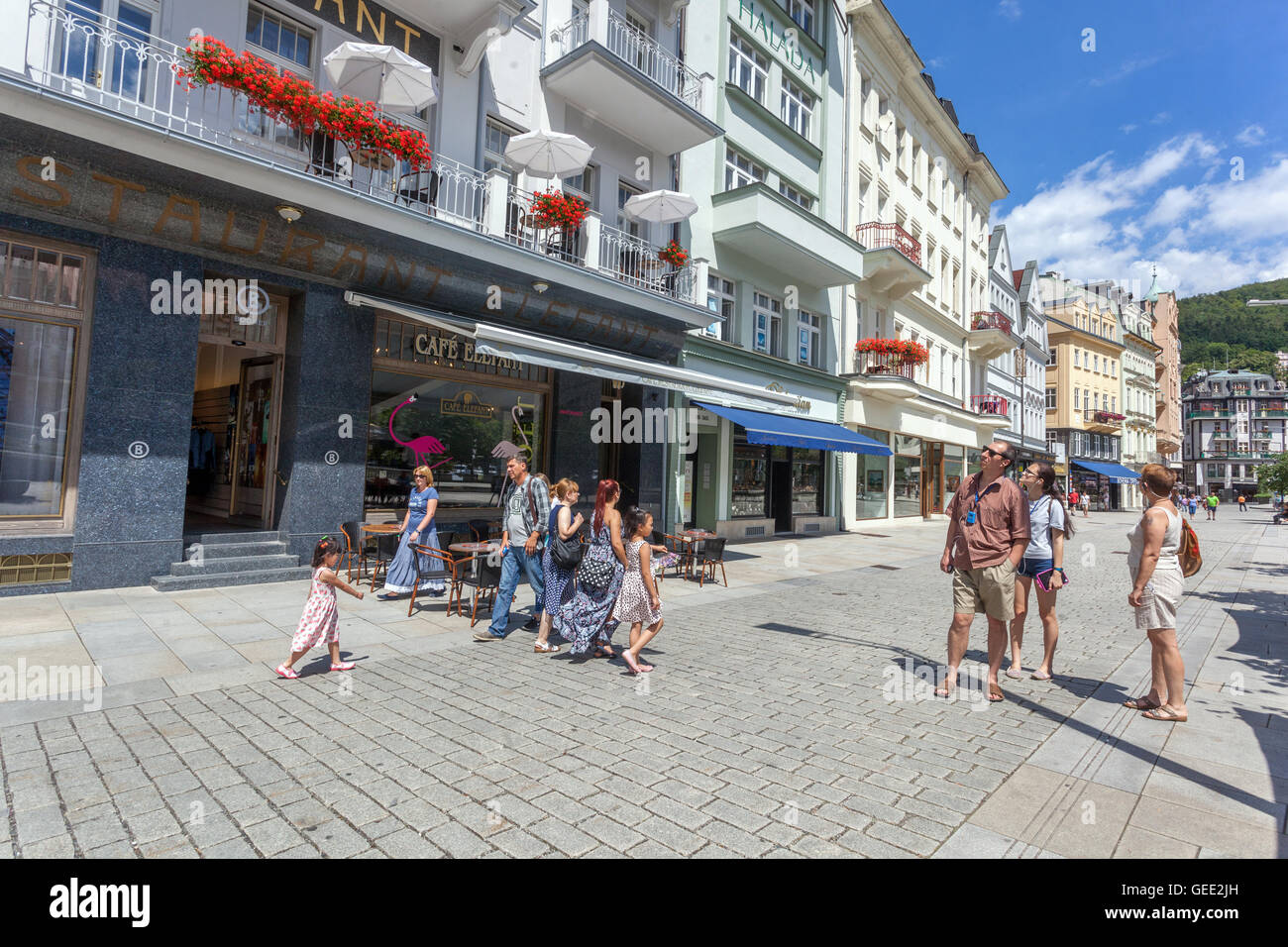 Riverside Walk with shops, hotels and restaurants, Karlovy Vary, West Bohemia, Czech Republic Stock Photo