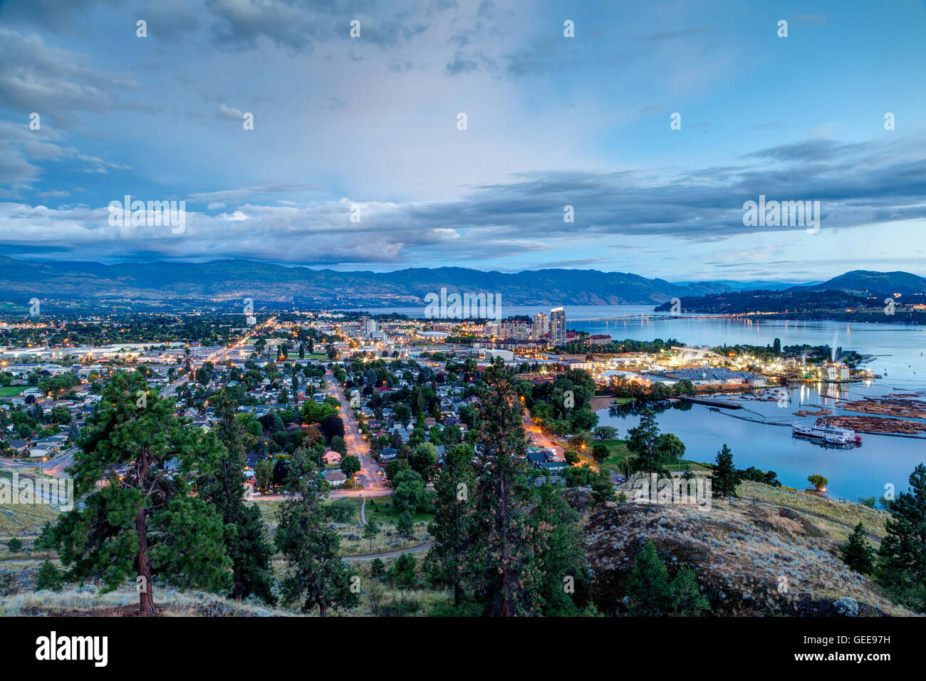 Aerial View of Kelowna, British Columbia, just after sunset on Knox Mountain, Canada. Stock Photo