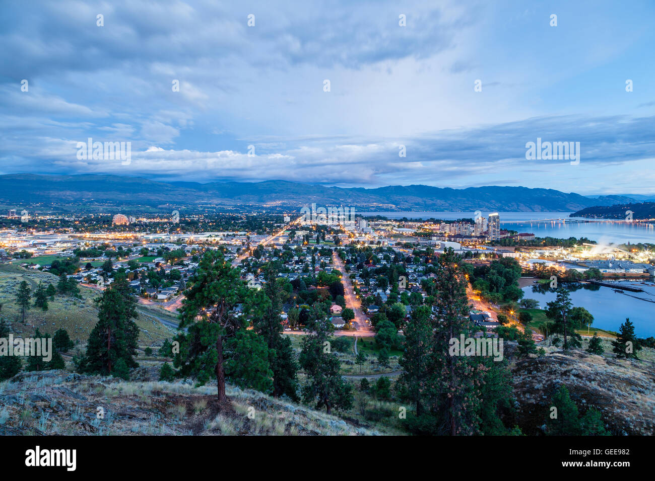 Aerial View of Kelowna, British Columbia, just after sunset on Knox Mountain, Canada. Stock Photo