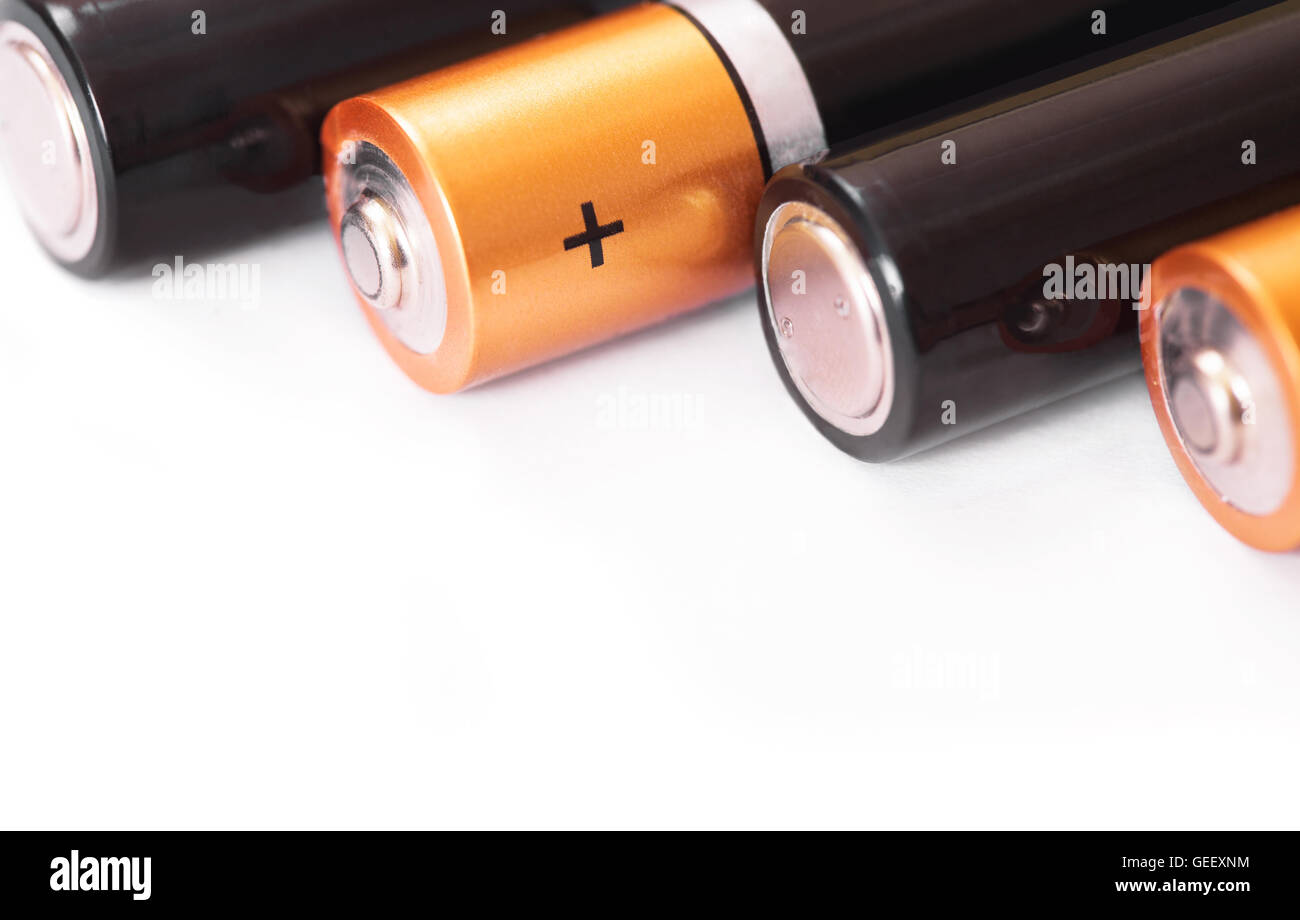 Battery aa alkaline cadmium chemical on white background Stock Photo