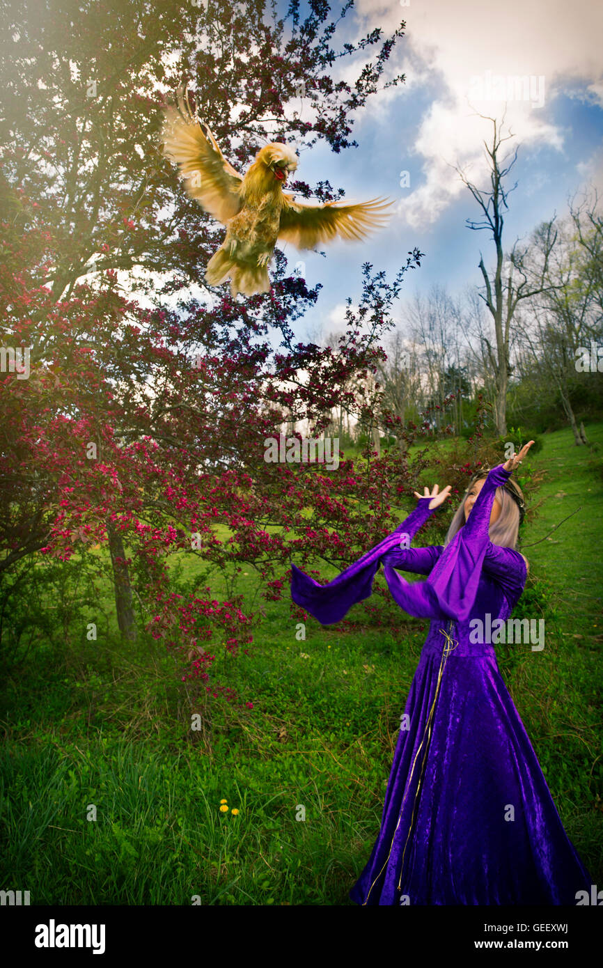 A young woman wearing a velvet purple gown throwing a chicken in the air with a flowering crab apple and blue sky Stock Photo