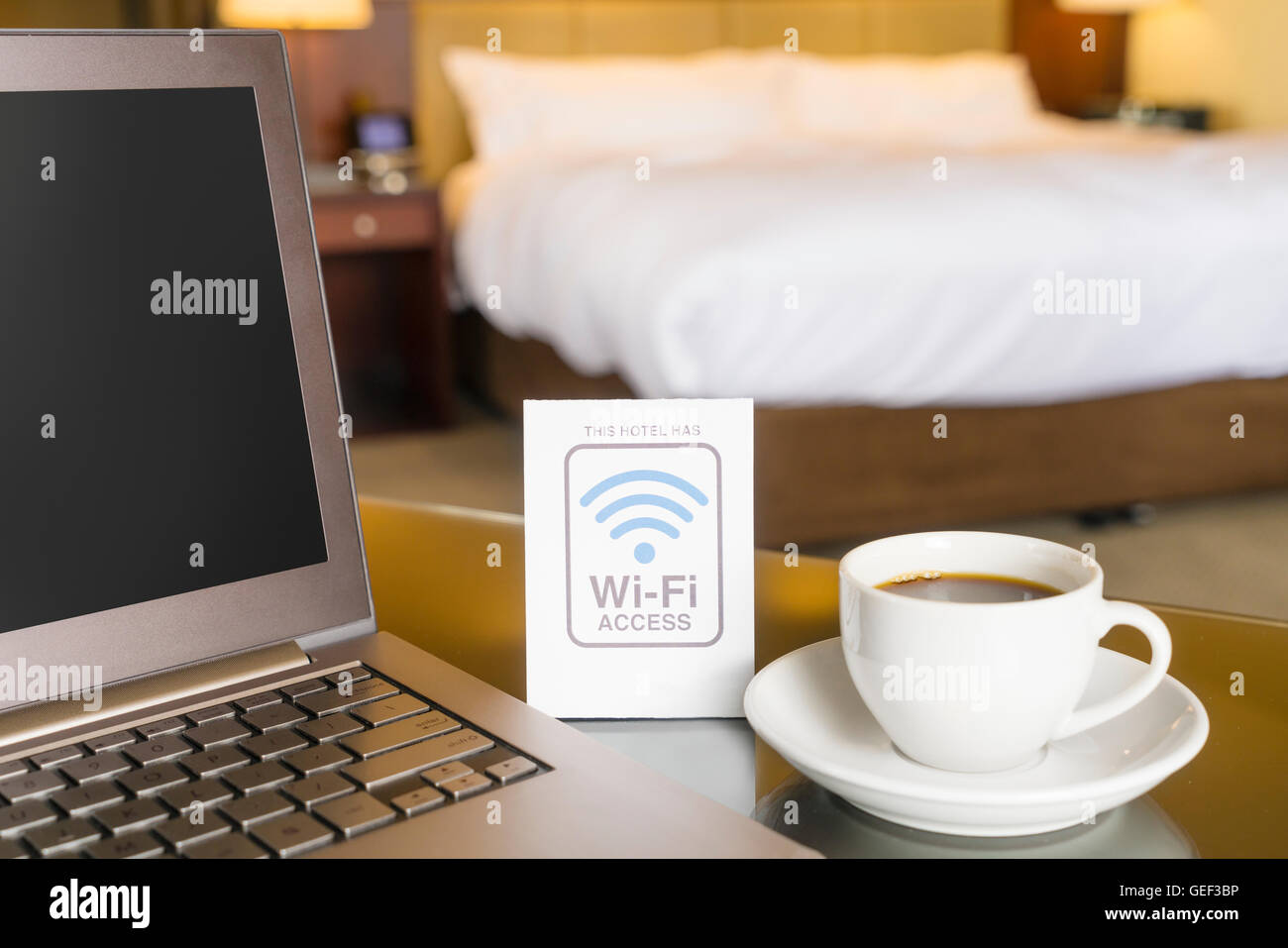 Hotel room with wifi access sign Stock Photo