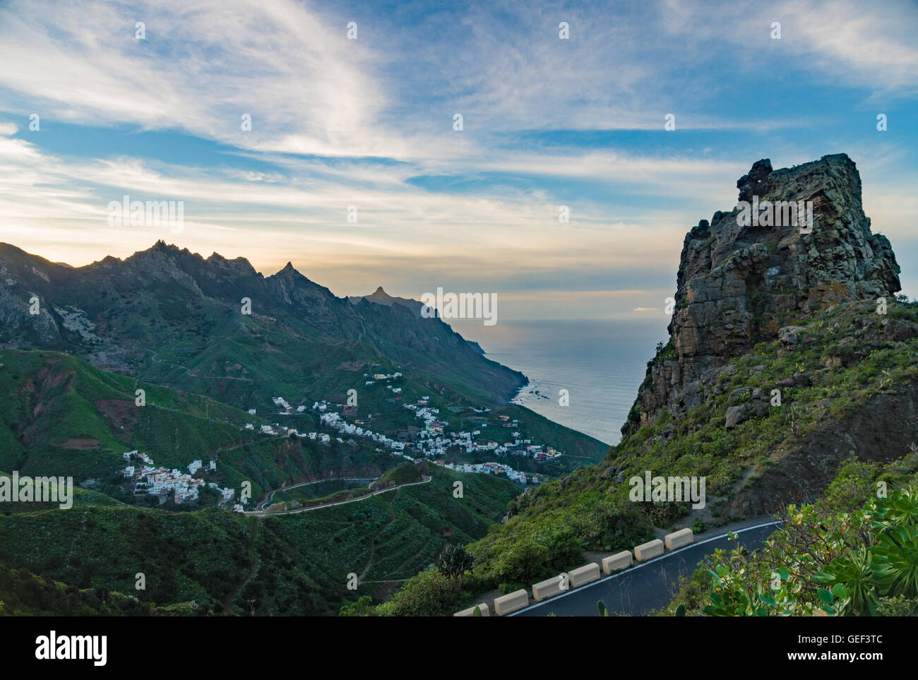 After sunset view on Almaciga village on slope of Anaga mountains, Tenerife, Canary islands, Spain Stock Photo