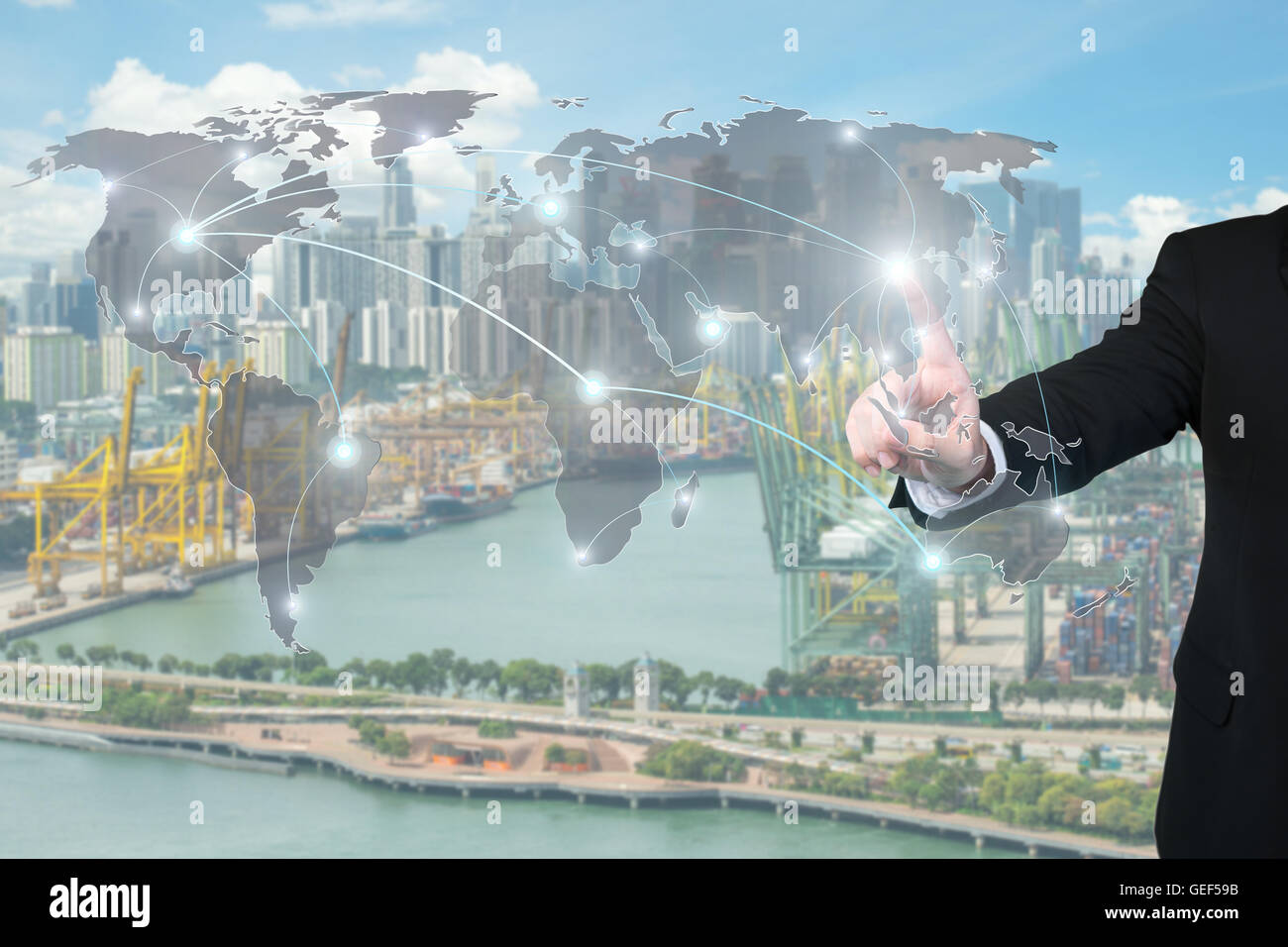 Businessman working with virtual interface global partners graphic use for logistic,import,export background.Global partners Stock Photo