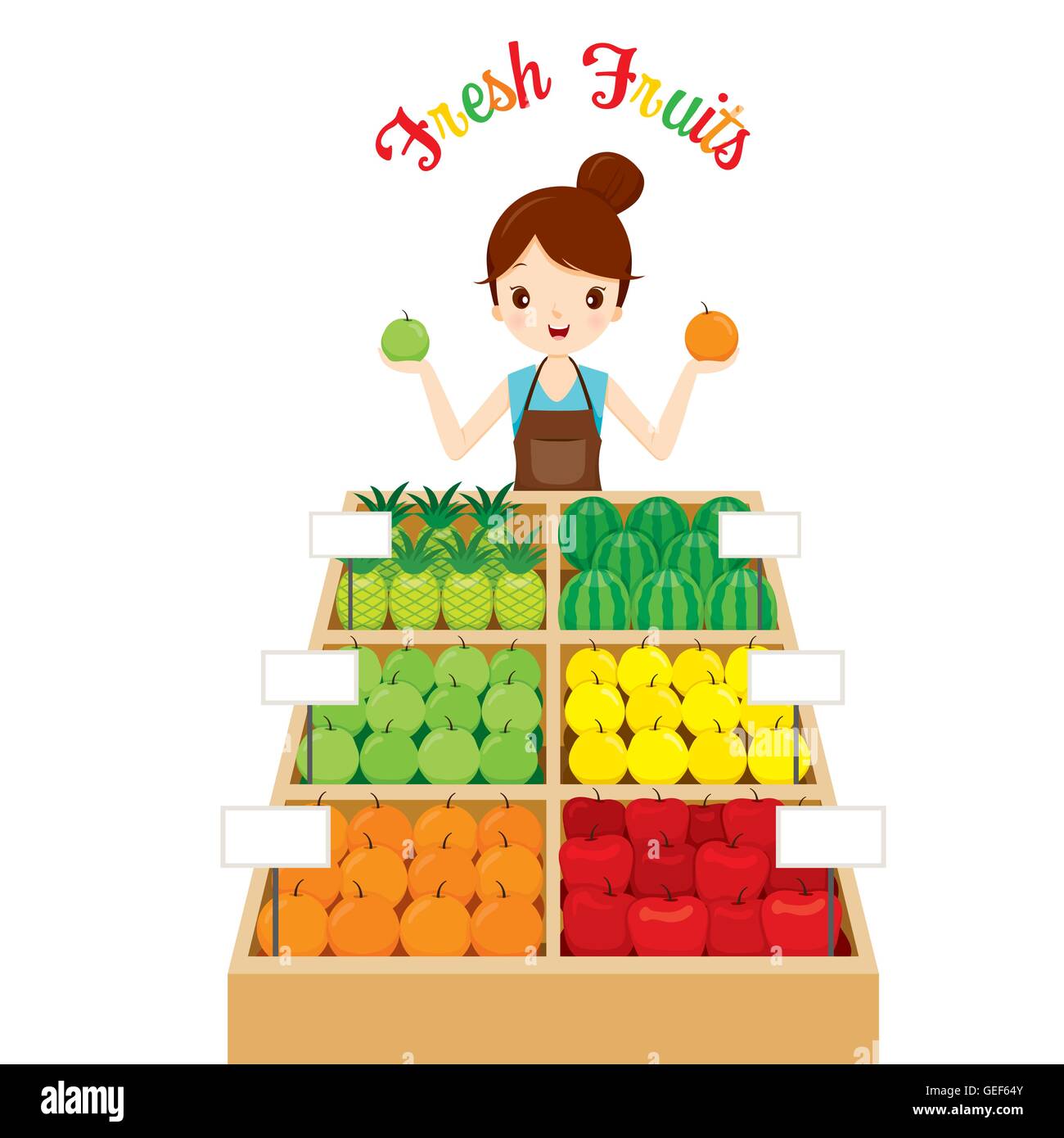 Female Shopkeeper With A Lot Of Fruits In Tray, Tropical, Healthy Eating, Food, Juice Stock Vector