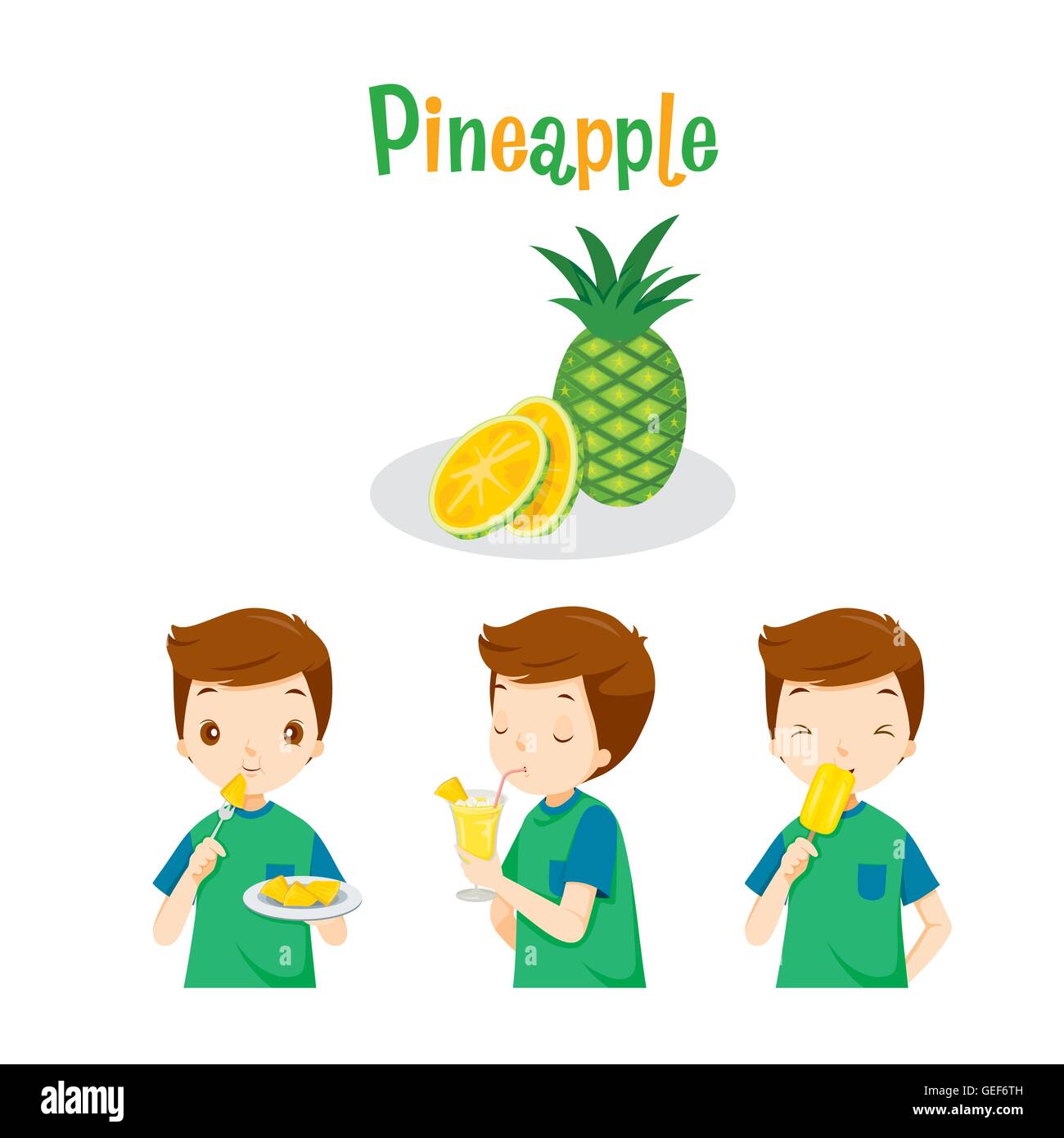 Boy With Pineapple Fruit, Juice, Ice Cream And Letters, Tropical Fruits, Summer, Healthy Eating, Food Stock Vector