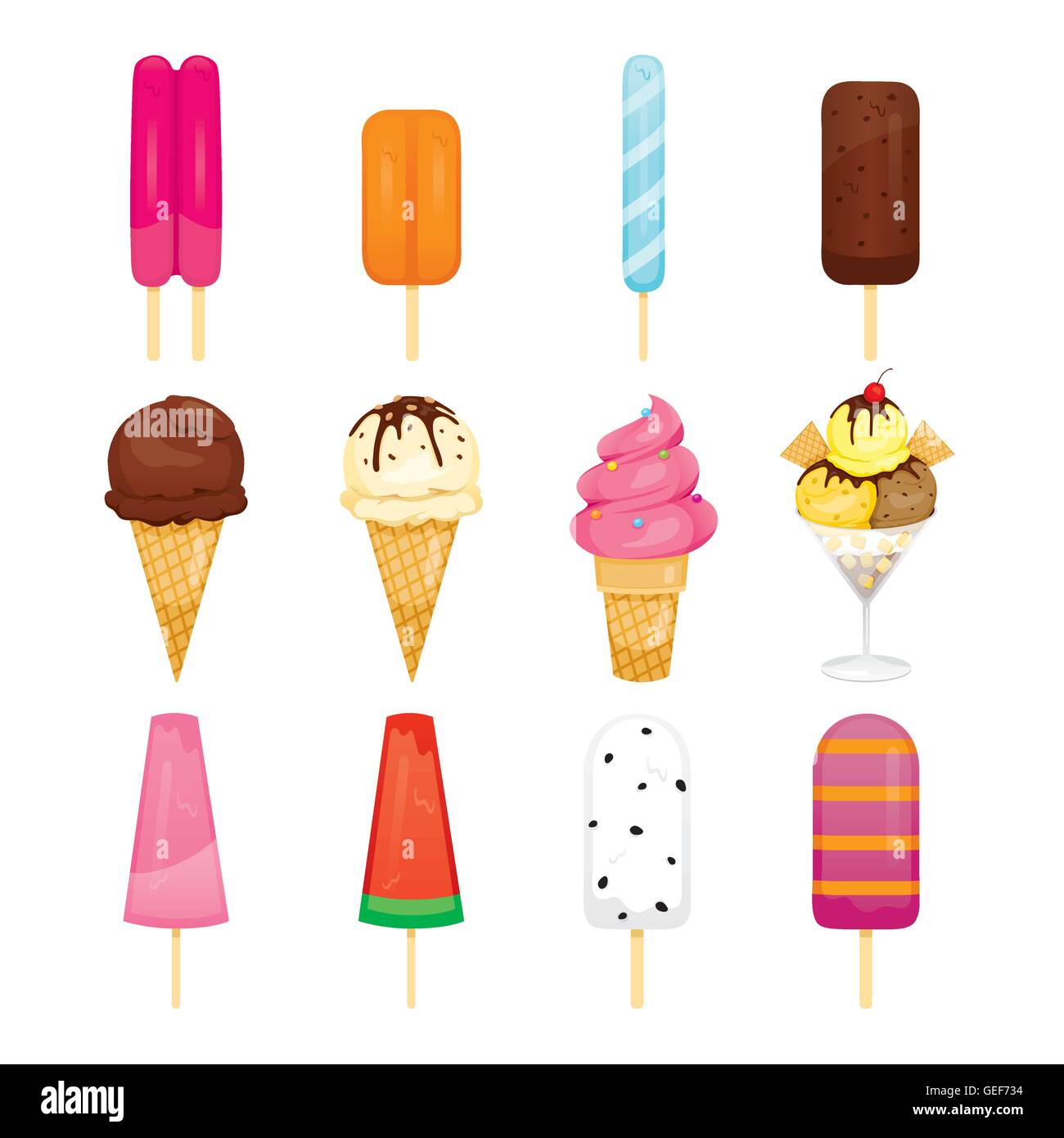 Ice Cream Objects Icons Set, Summer, Frozen Food, Eating, Icy Stock