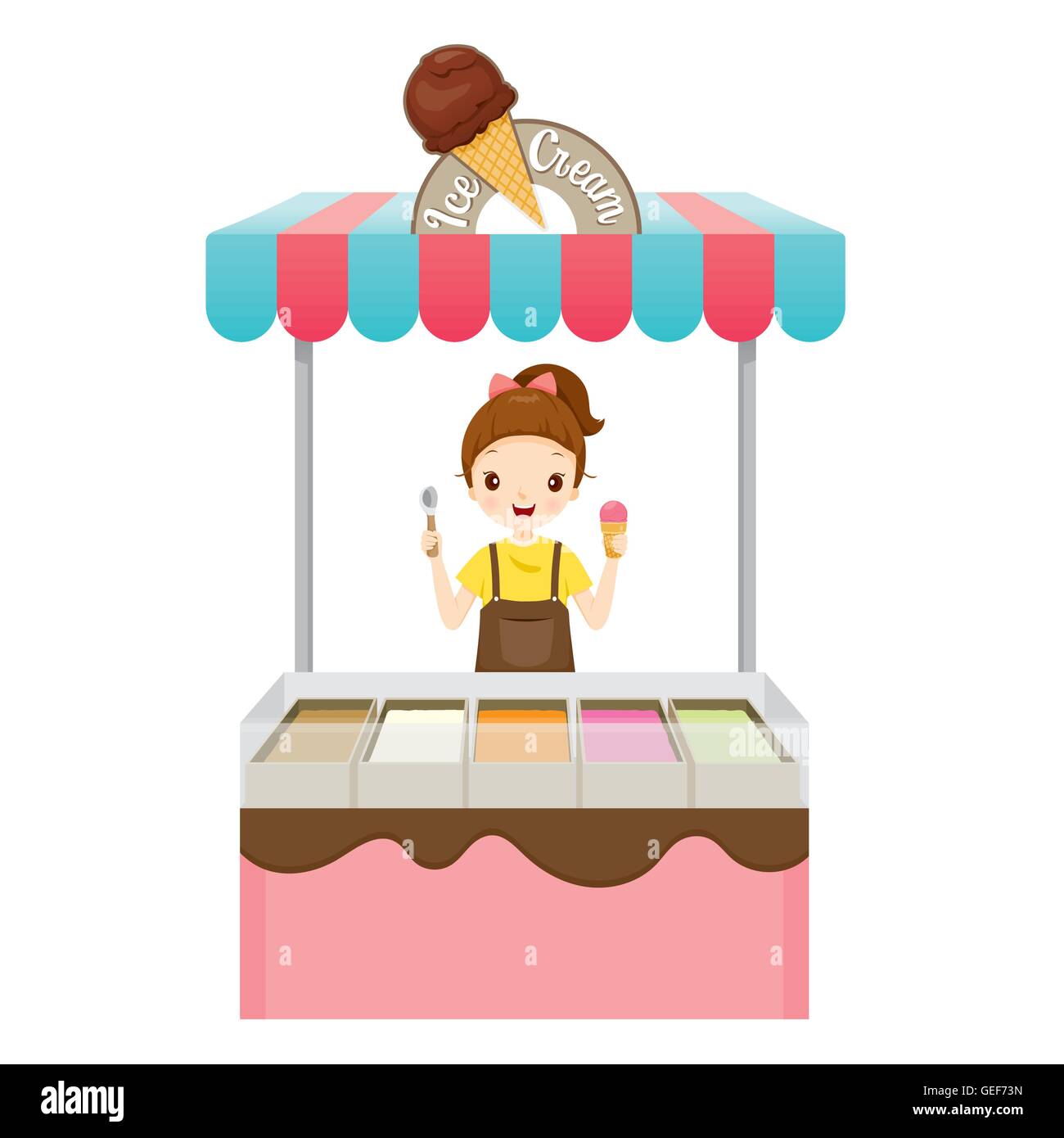 Girl With Ice Cream Shop, Summer, Frozen Food, Eating, Icy Stock Vector