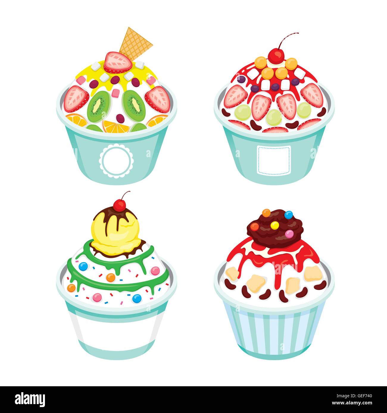 Shave Ice With Different Topping Set, Summer, Frozen Food, Eating, Icy Stock Vector