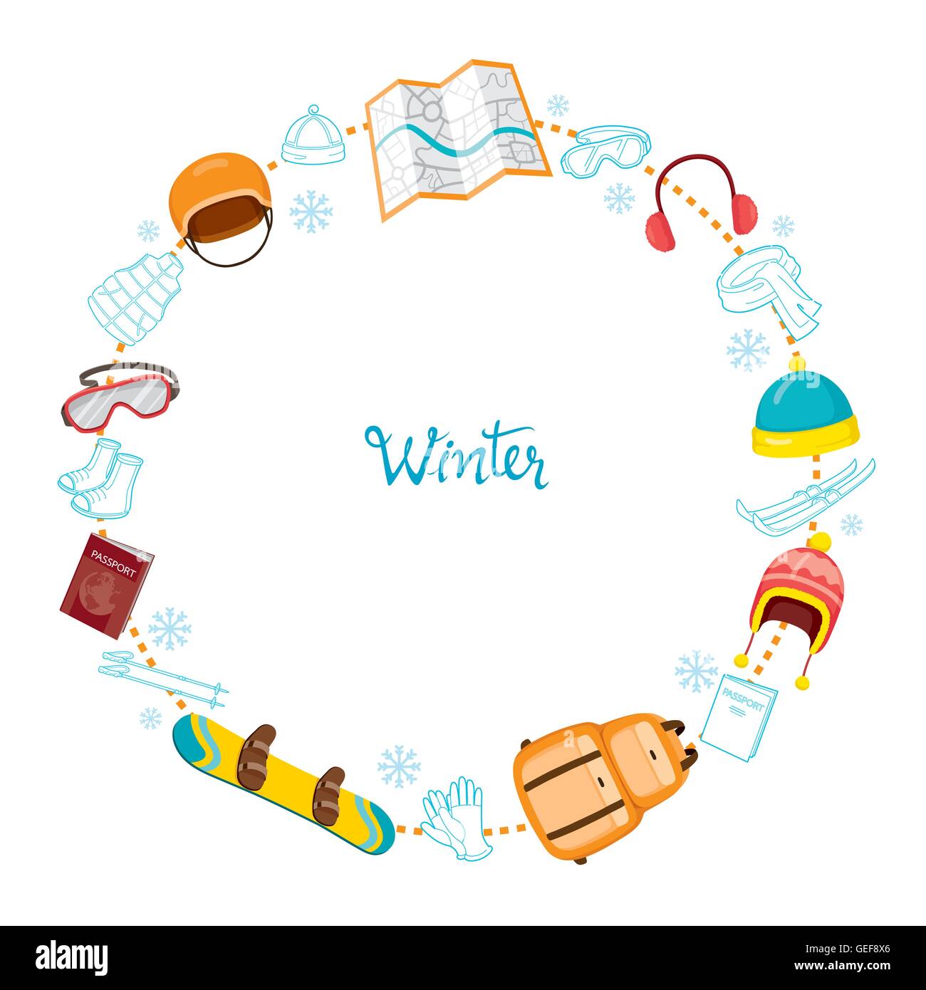 Winter Equipment Icons On Round Frame Set, Season, Vacation, holiday, Object, Activity, Travel Stock Vector