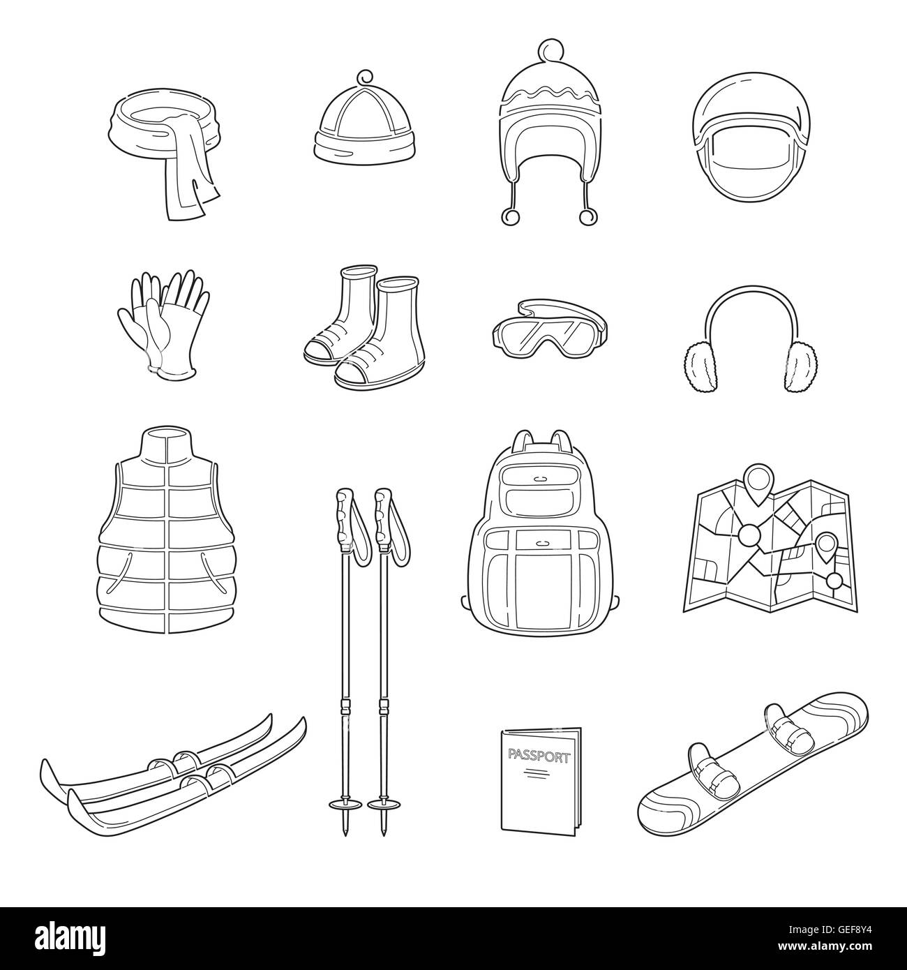 Winter Equipment Linear Icons Set, Season, Vacation, holiday, Object, Activity, Travel Stock Vector