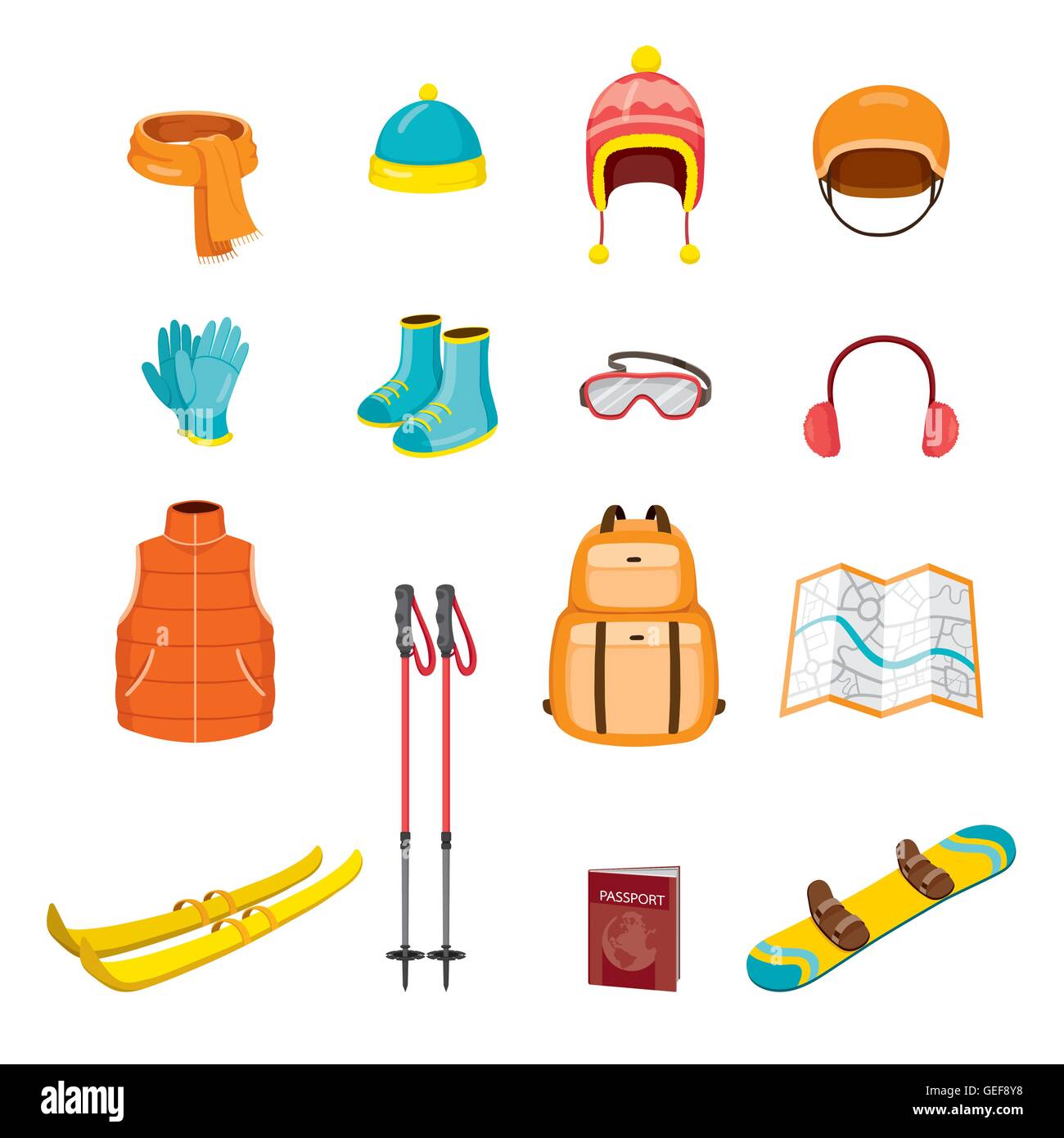 Winter Equipment Icons Set, Season, Vacation, holiday, Object, Activity, Travel Stock Vector