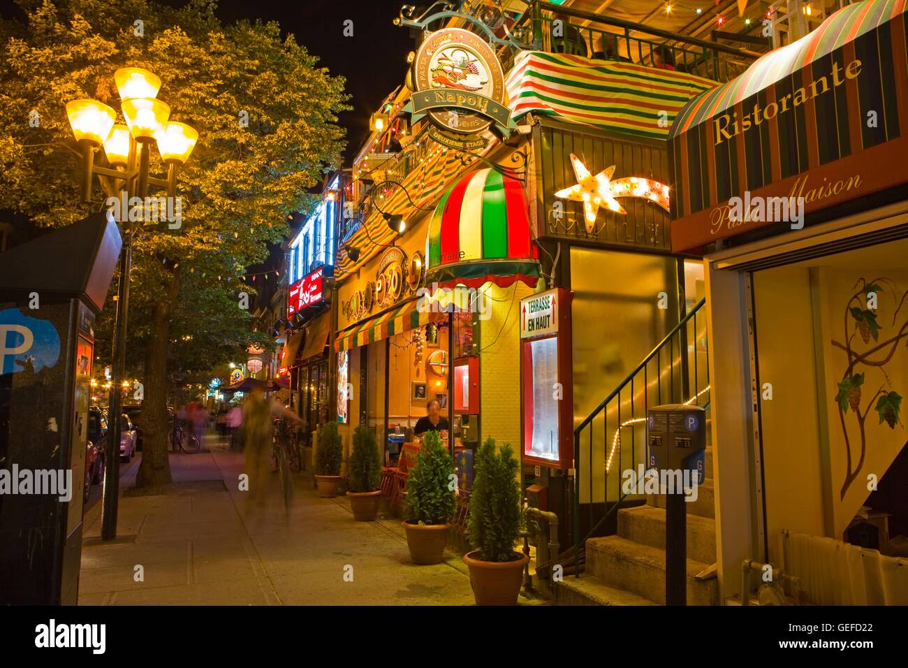 geography / travel, Canada, Quebec, Montreal, Nightlife and Restaurants lining Rue Saint Denis, Montreal, Quebec, Stock Photo