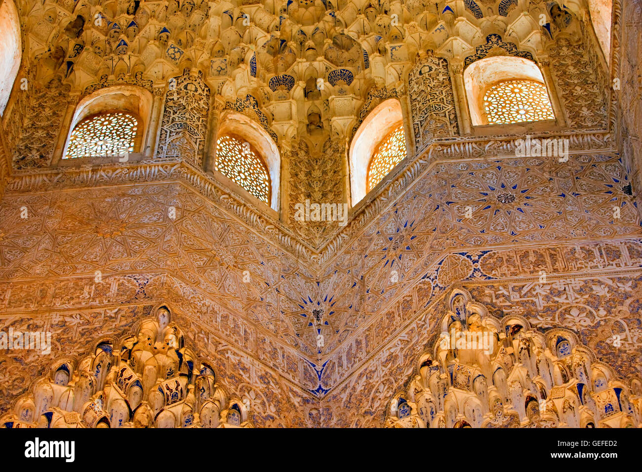 geography / travel, Spain, Andalusia, Granada, Intricate carvings on the ceiling and archway in the Hall of the Abencerrajes (Sala de Abencerrajes), The Royal House (Casa Real), The Alhambra (La Alhambra), designated a UNESCO World Heritage Site, City of Granada, Province of Granada, Andalusia (Andalucia), No-Exclusive-Use Stock Photo