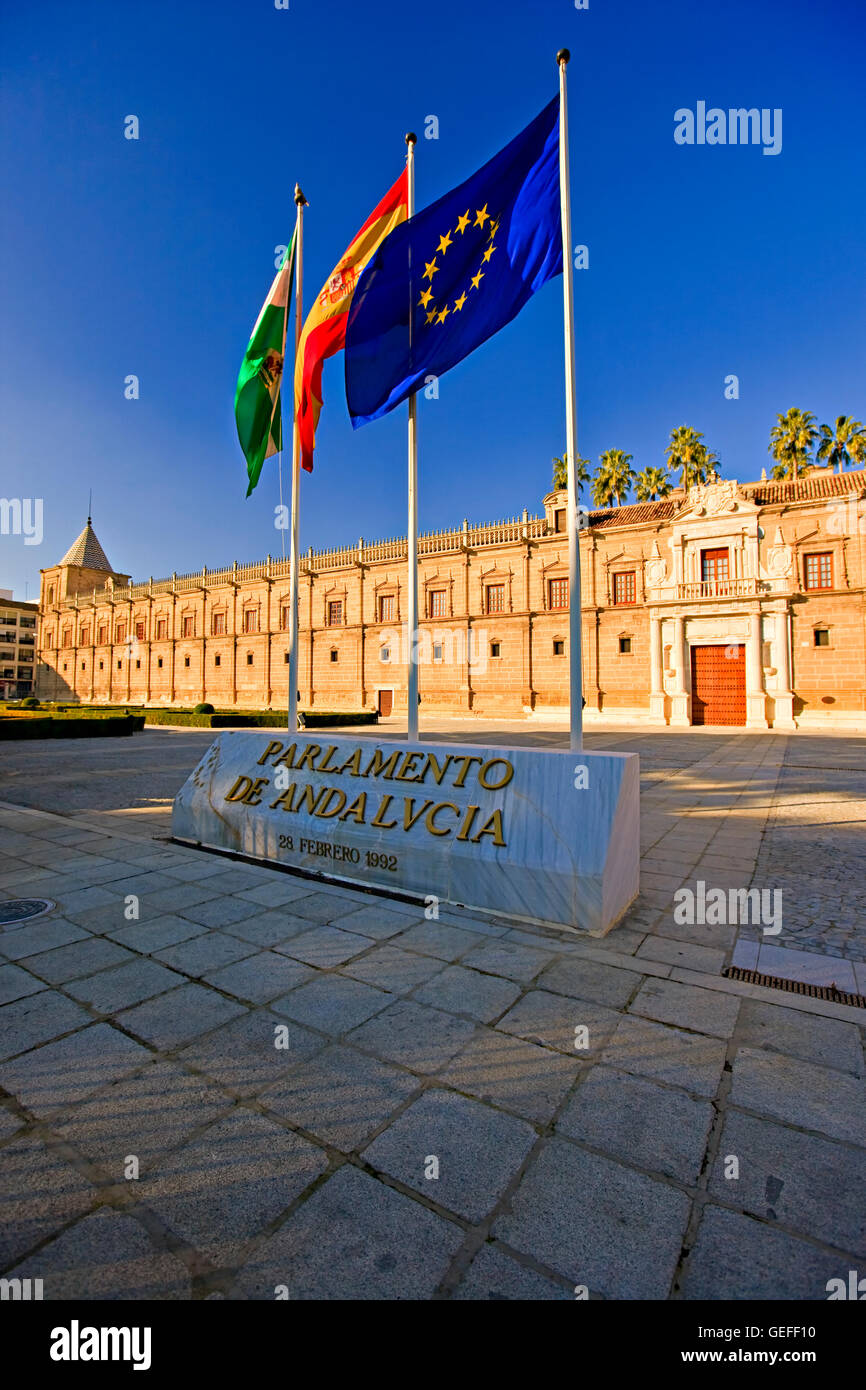 geography / travel, Spain, Andalusia, Sevilla, Flags outside the Parlamento de Andalvcia (Andalusian Regional Parliament). The Hospital de las Cinco Llagas was once housed in this building, in the Macarena District, City of Sevilla (Seville), No-Exclusive-Use Stock Photo